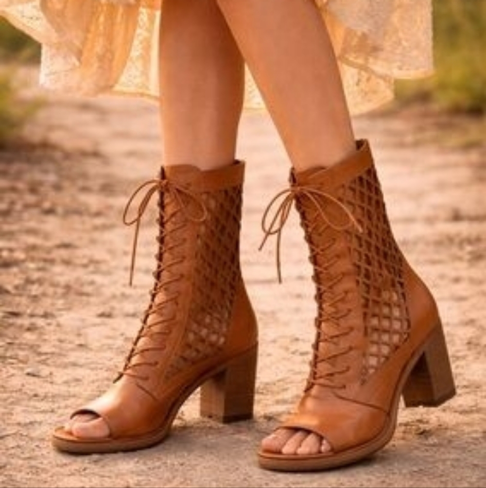 Vintage Foundry Co. Brown Leather Normandy Lace Up Peep Toe Boots Women's Size 8